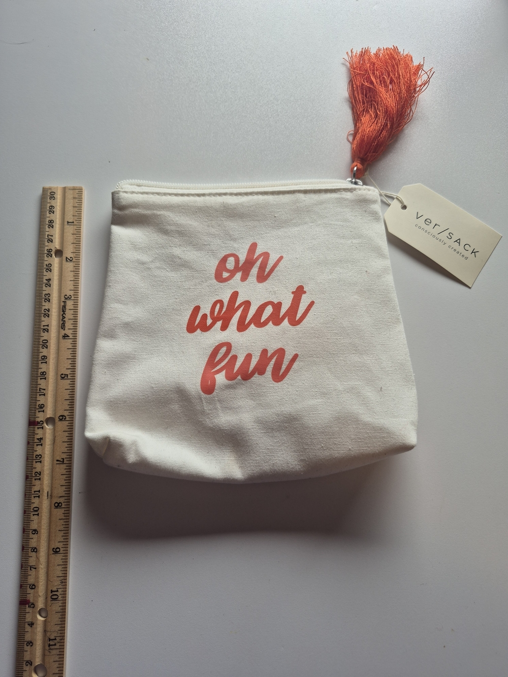 White Canvas Cosmetic Pouch with Orange Tassel